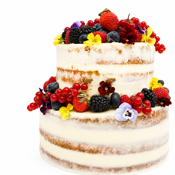 Tarta de dos pisos de Zanahoria flores y frutos rojos