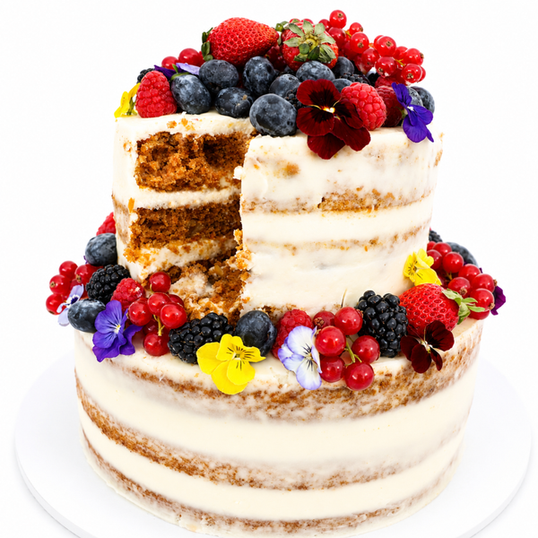 Tarta de dos pisos de Zanahoria flores y frutos rojos
