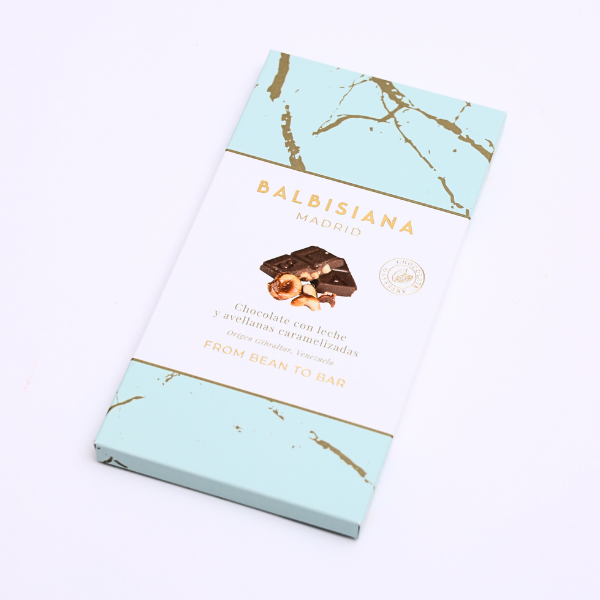 Tableta de chocolate con leche y avellanas caramelizadas From Bean to Bar